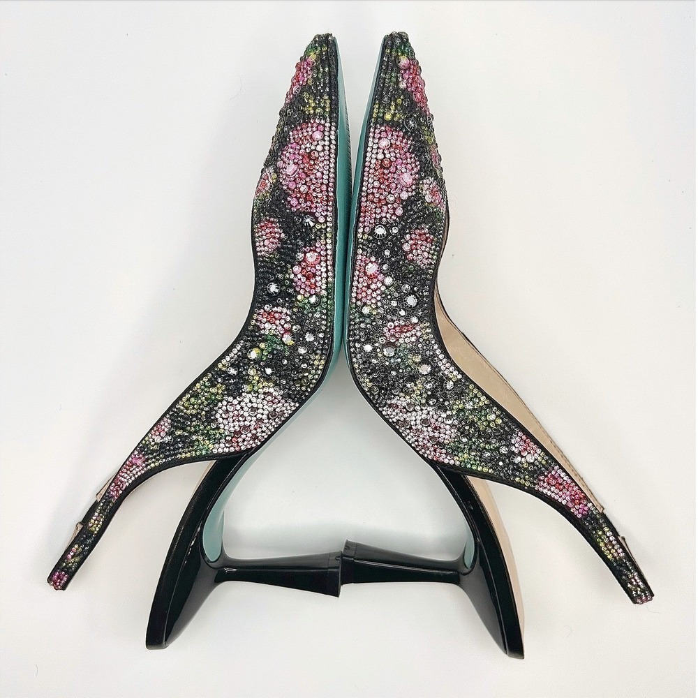 Betsey Johnson Clark Rhinestone Floral Slingback Pumps Black Pink Heels 10 NWOT - Picture 8 of 12